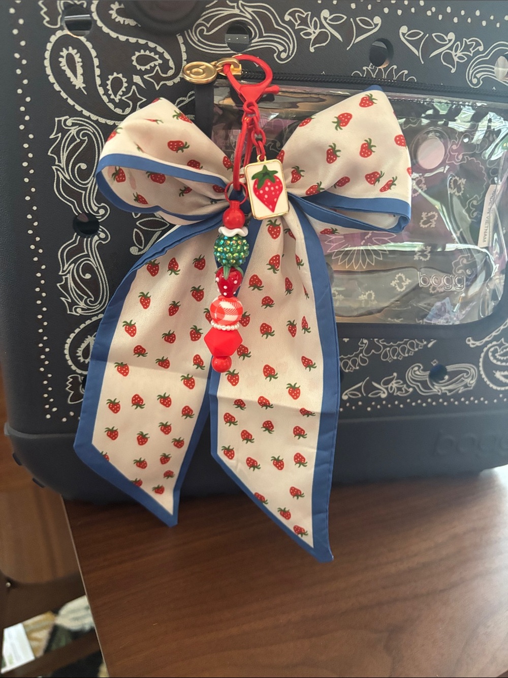 Cute Strawberry Bow Keychain or bag Charm in Red and Blue